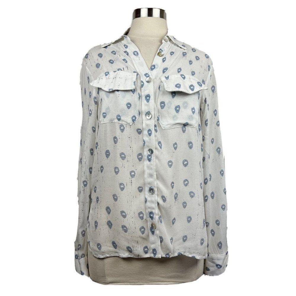 Jen's Pirate Booty Shirt S Women White Blue Print Long Sleeve Button Front Rayon